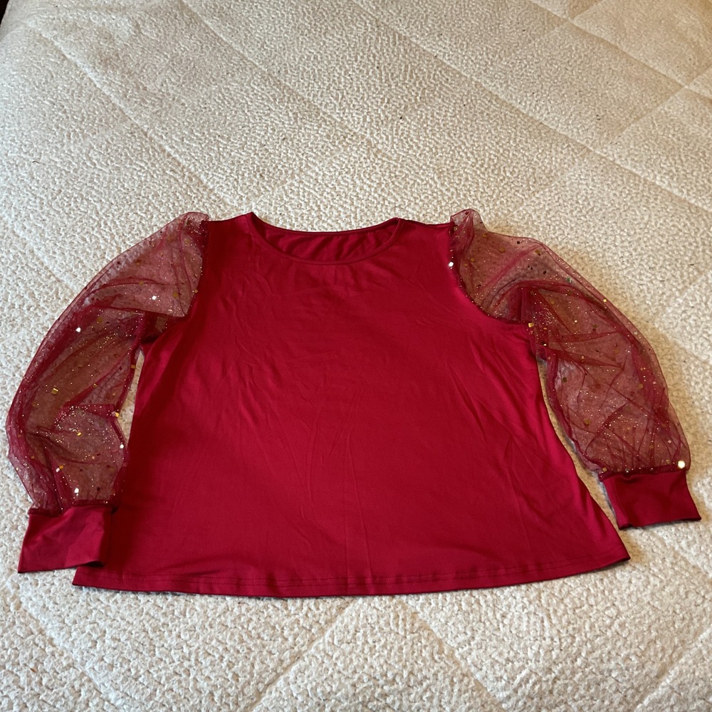 SHEIN Mesh Sleeve Top Women 0XL Red Excellent Glitter Sequin Puff Sleeve Blouse
